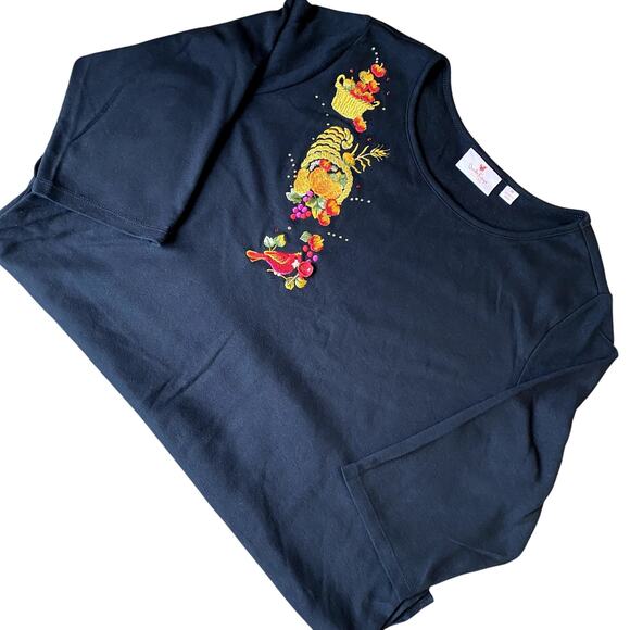Quacker Factory Women's Black Embroidered Autumn Fall Cornucopia Top 1X - Picture 1 of 8
